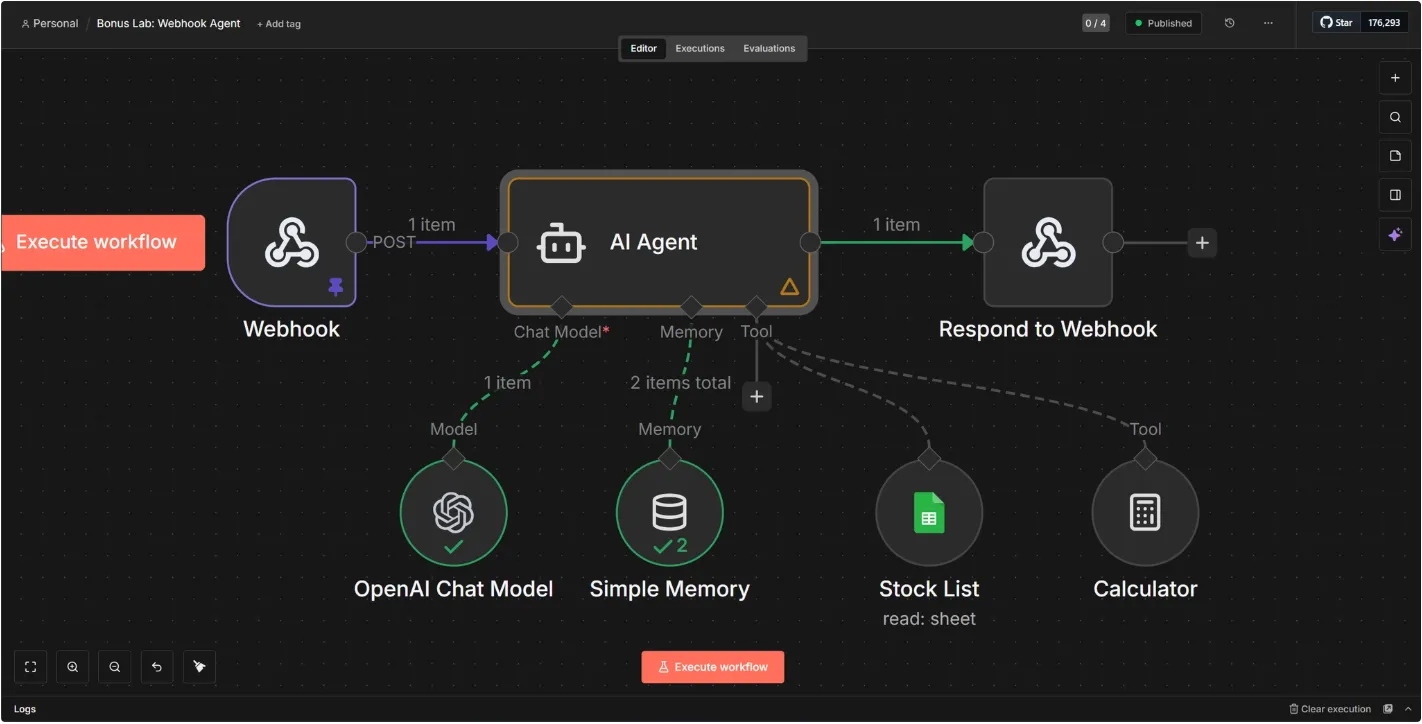 n8n canvas: webhook into an AI agent with model, memory, a stock list and a calculator tool, responding to the webhook