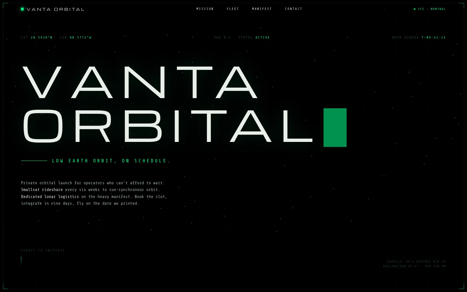 Vanta Orbital — orbital launch company website, vibe coded