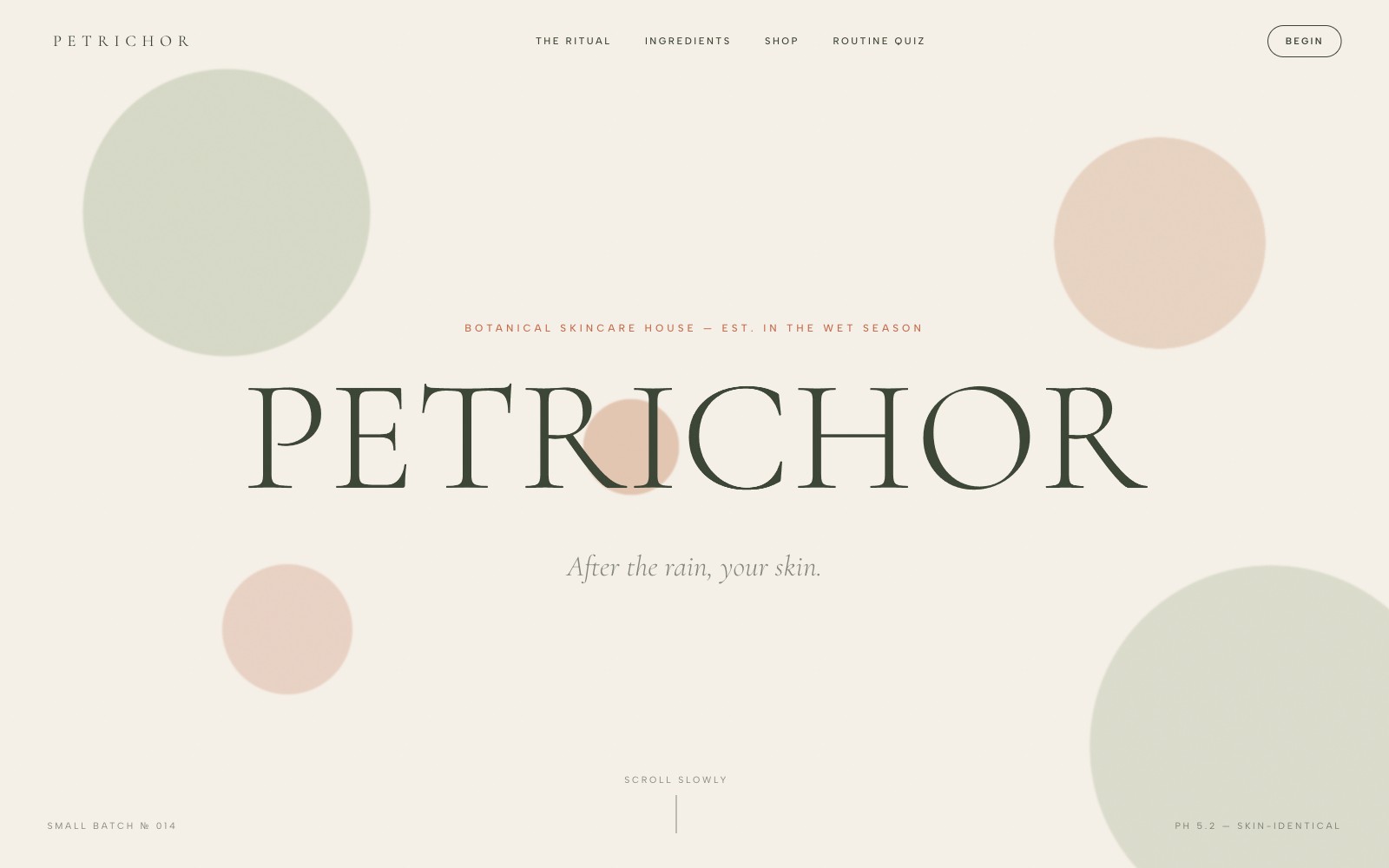 Petrichor — botanical skincare website, vibe coded