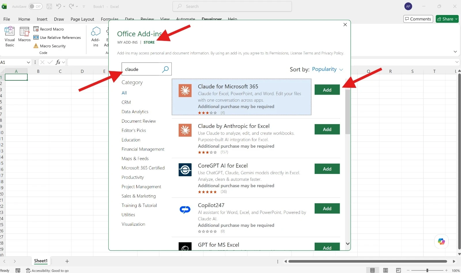 Claude working inside Microsoft Excel on a financial model