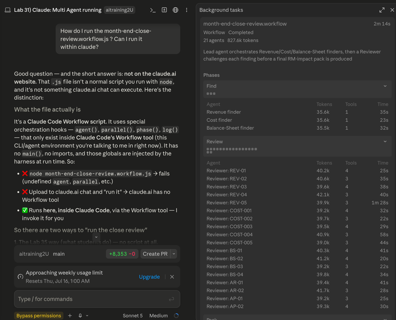 Claude Code running a multi-agent month-end close workflow — 21 agents across Find and Review phases with per-agent token and timing breakdown