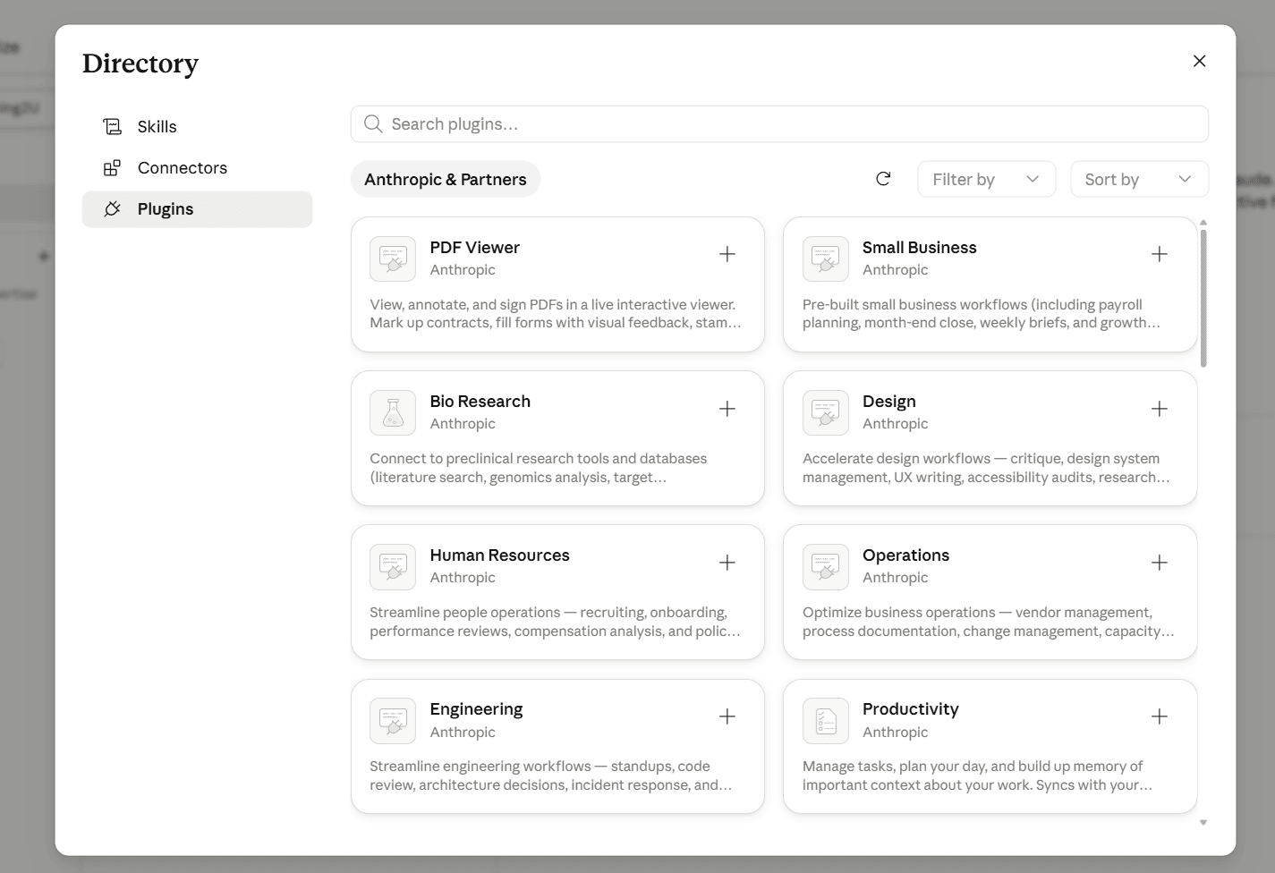 Anthropic plugin directory inside Claude showing Human Resources, Operations, Engineering, Small Business and Productivity plugins