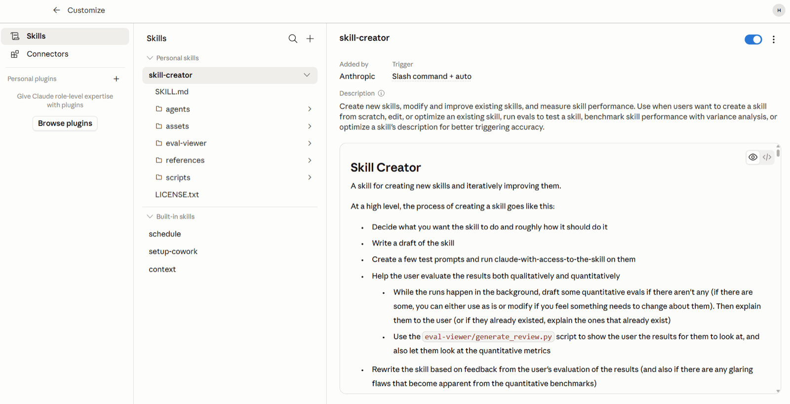 Claude Skills panel showing a skill-creator skill with SKILL.md, agents, assets, references and scripts folders alongside its description and instructions