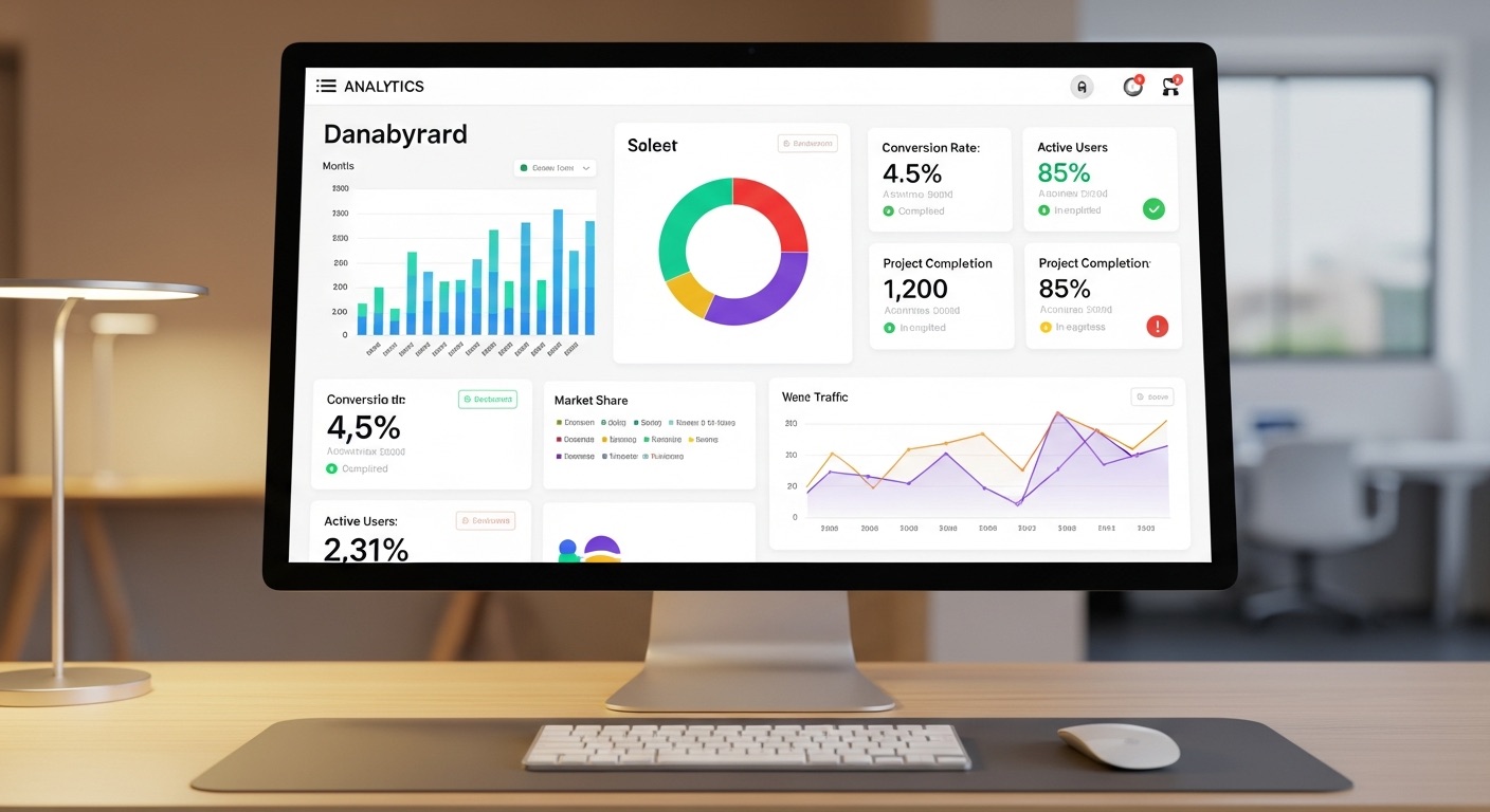 Modern AI automation dashboard showing analytics charts, workflow status and performance metrics