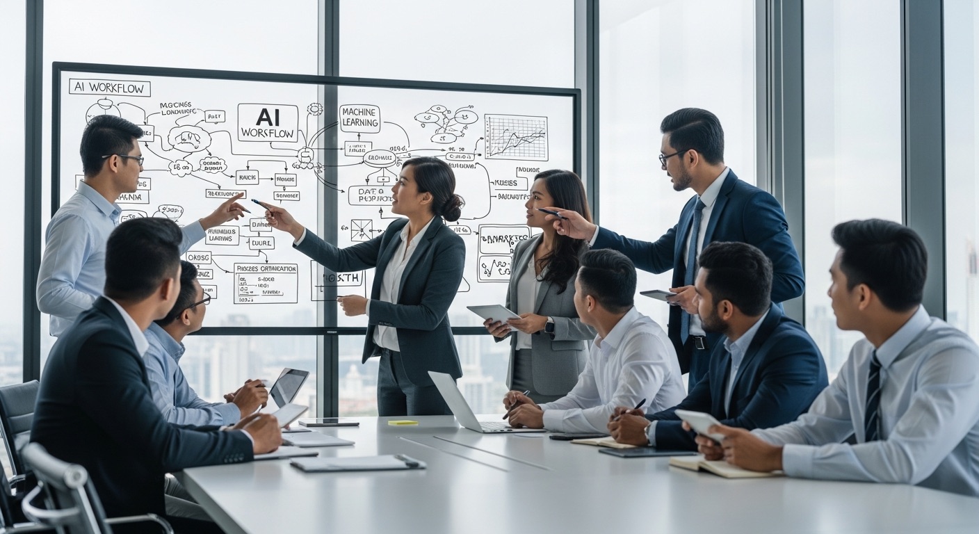 Malaysian business professionals in strategy meeting discussing AI automation implementation for their enterprise