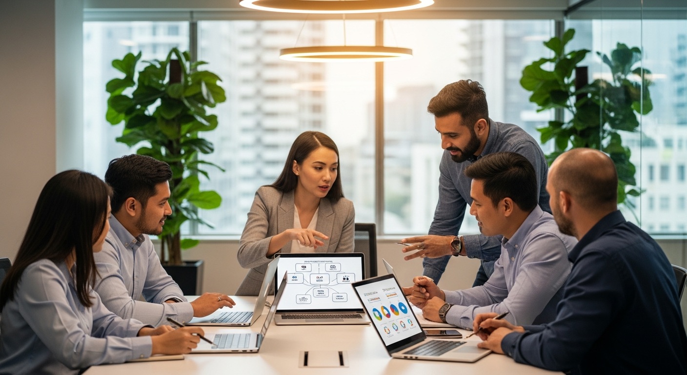 Malaysian professionals collaborating on AI-powered business automation workflows in modern office