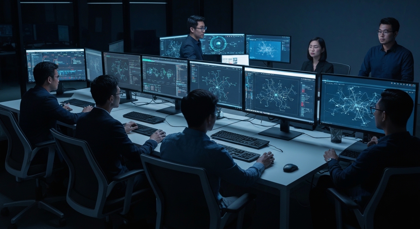 Cybersecurity team analyzing AI security dashboards