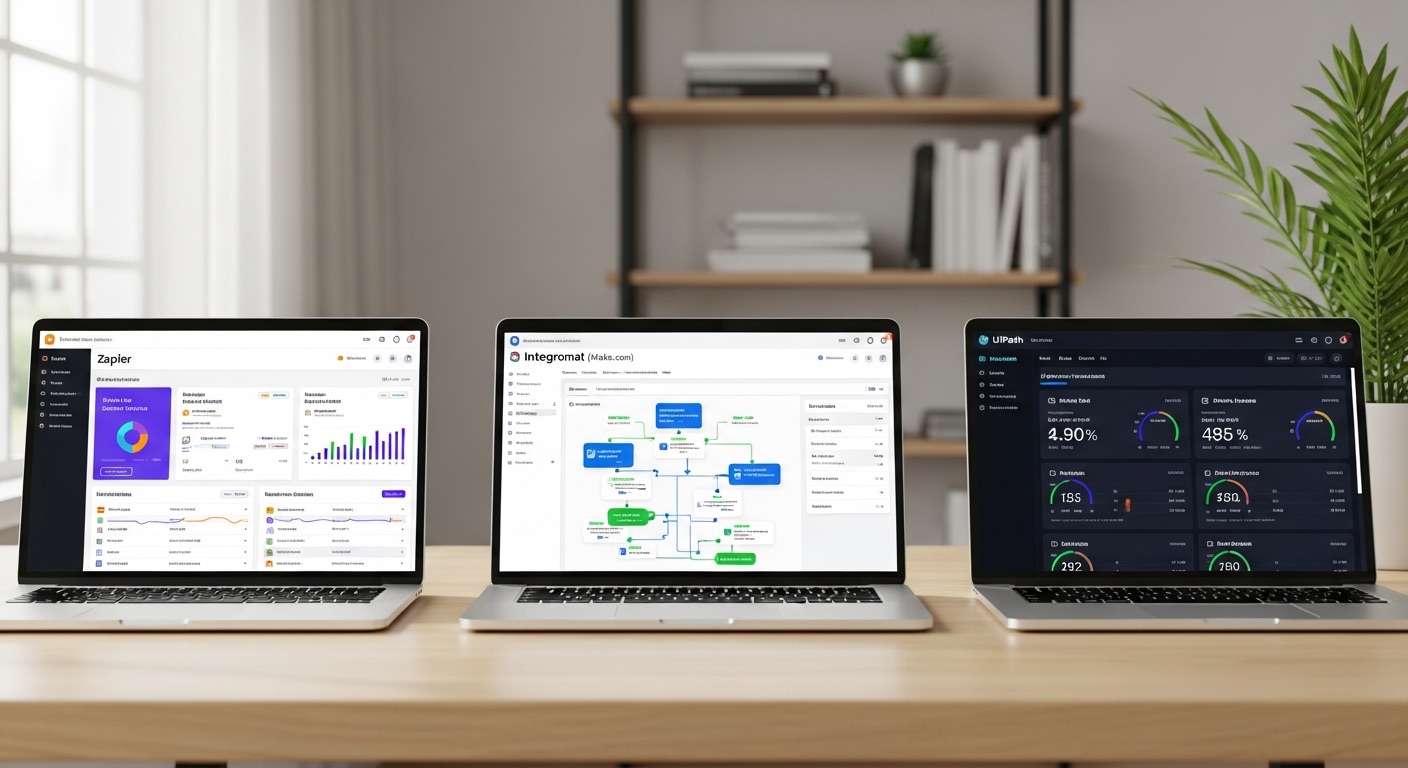 Comparison of n8n, Make, and Zapier automation platforms displayed on laptop screens side by side