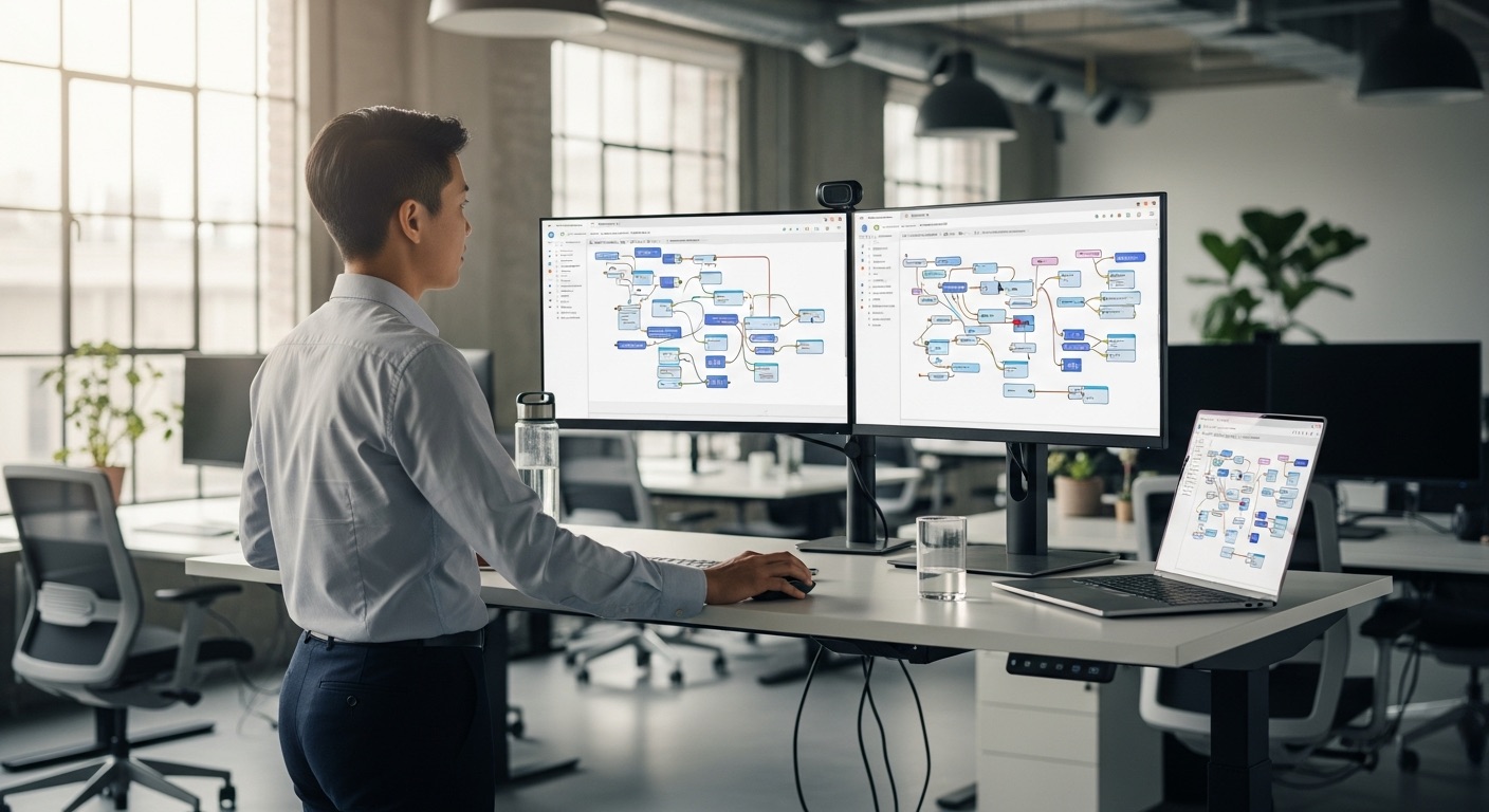 Professional using no-code automation platform with connected workflow nodes on dual monitors