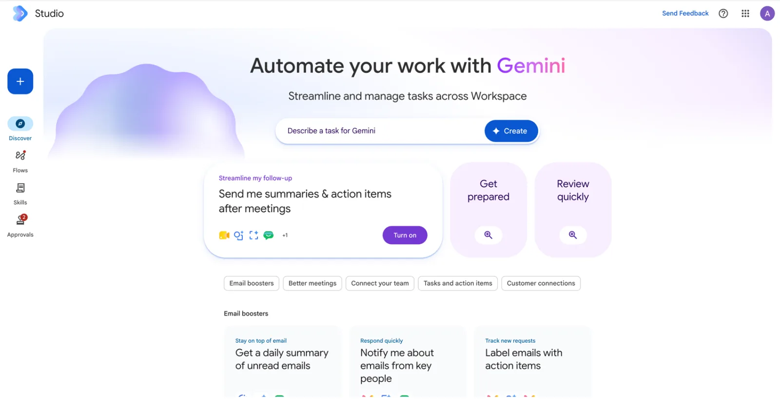 Google Workspace Studio Discover page: 'Automate your work with Gemini', a 'Describe a task for Gemini' box, and template cards such as 'Send me summaries and action items after meetings'