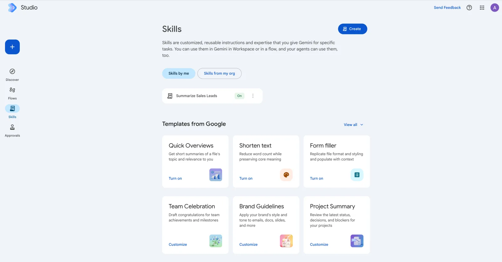 Workspace Studio Skills page with a custom 'Summarize Sales Leads' skill turned on, and Templates from Google including Quick Overviews, Shorten text, Form filler, Team Celebration, Brand Guidelines and Project Summary