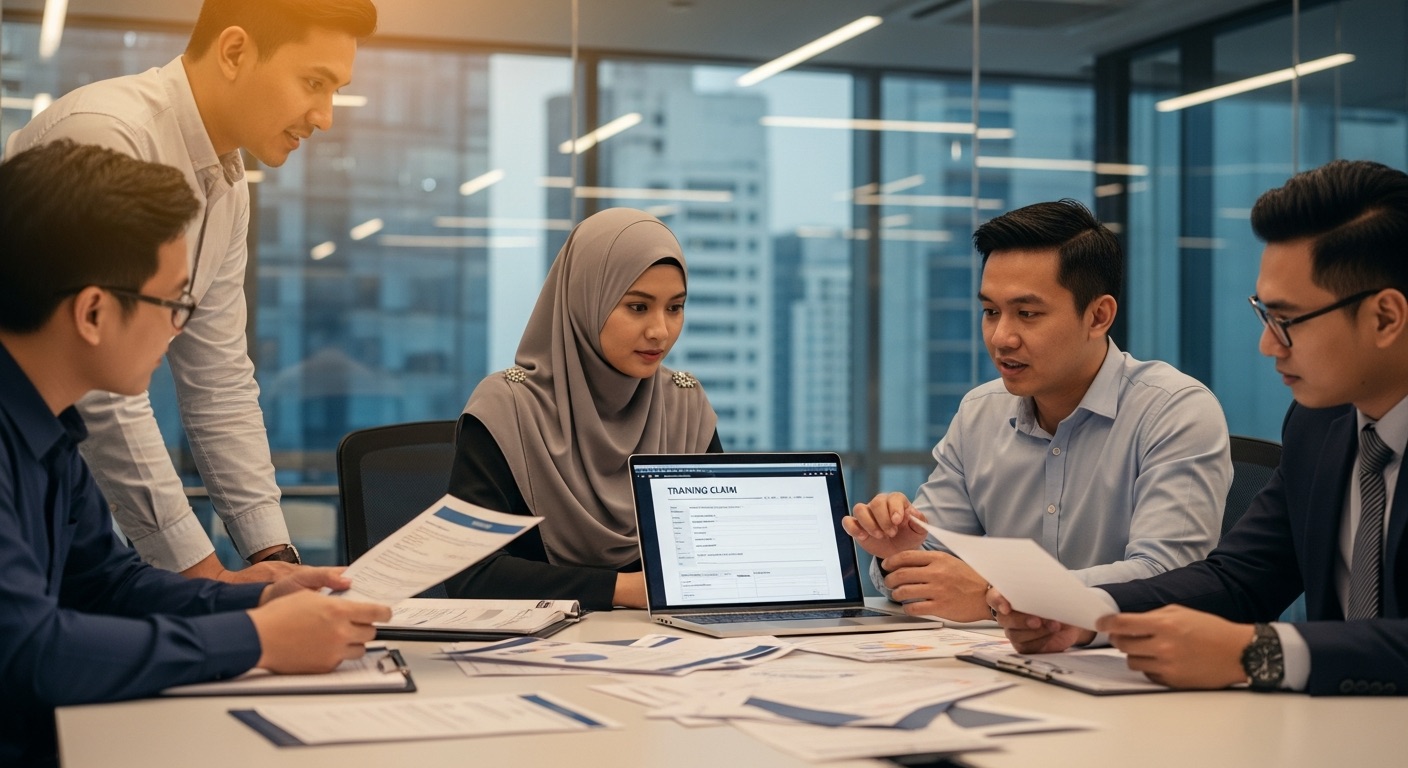 Malaysian HR professionals reviewing HRDC claimable AI training documents in modern corporate office