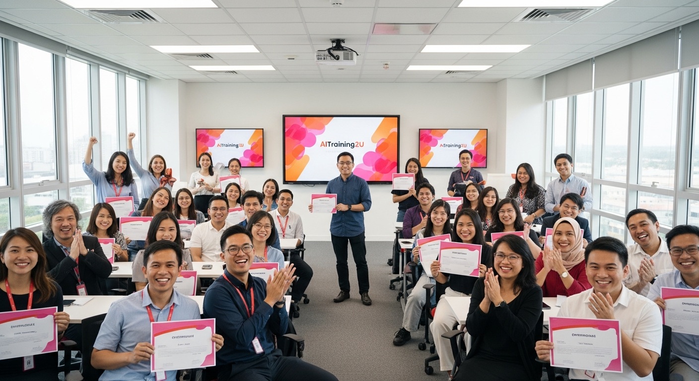 Malaysian professionals in AI training classroom receiving certificates of completion from AITraining2U