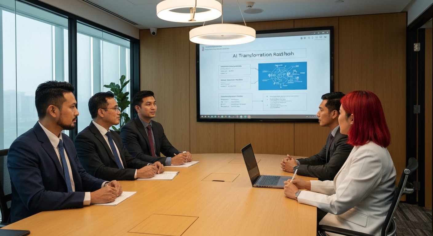 Malaysian executives discussing AI transformation strategy in boardroom