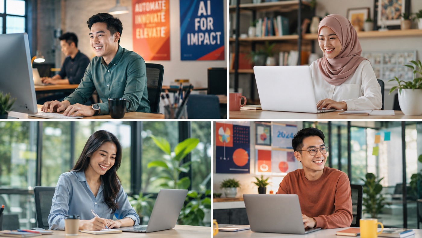 Diverse Malaysian professionals learning AI skills across functions with AITraining2U