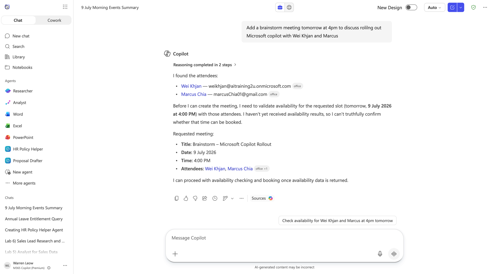 Microsoft 365 Copilot reasoning over calendar and meeting context