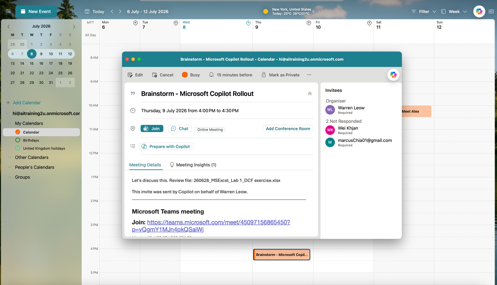 Microsoft 365 Copilot preparing a meeting brief from calendar context