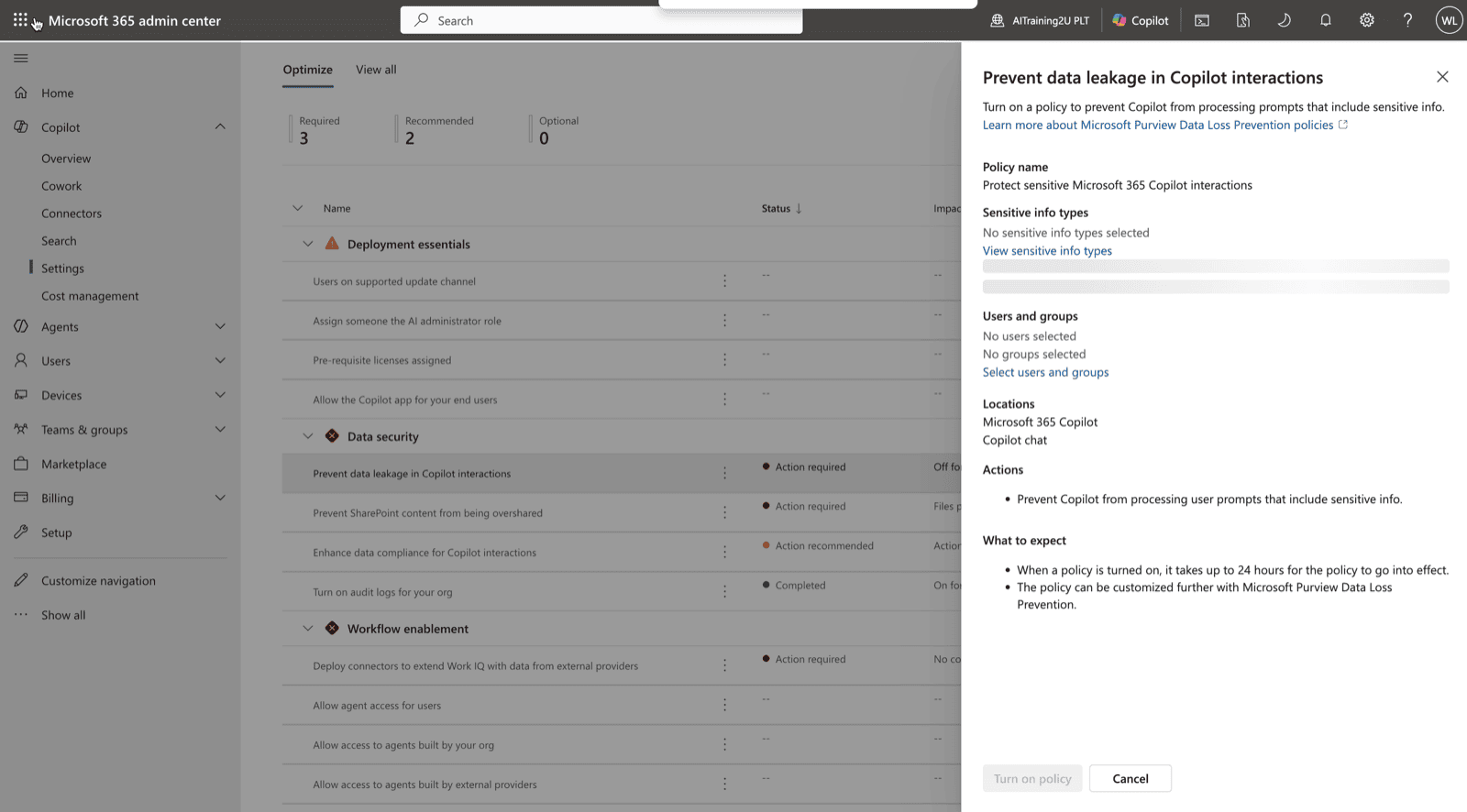 Microsoft 365 Copilot data security and governance settings in the admin centre