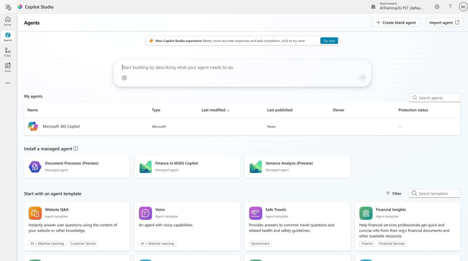 Microsoft Copilot Studio dashboard for building no-code agents