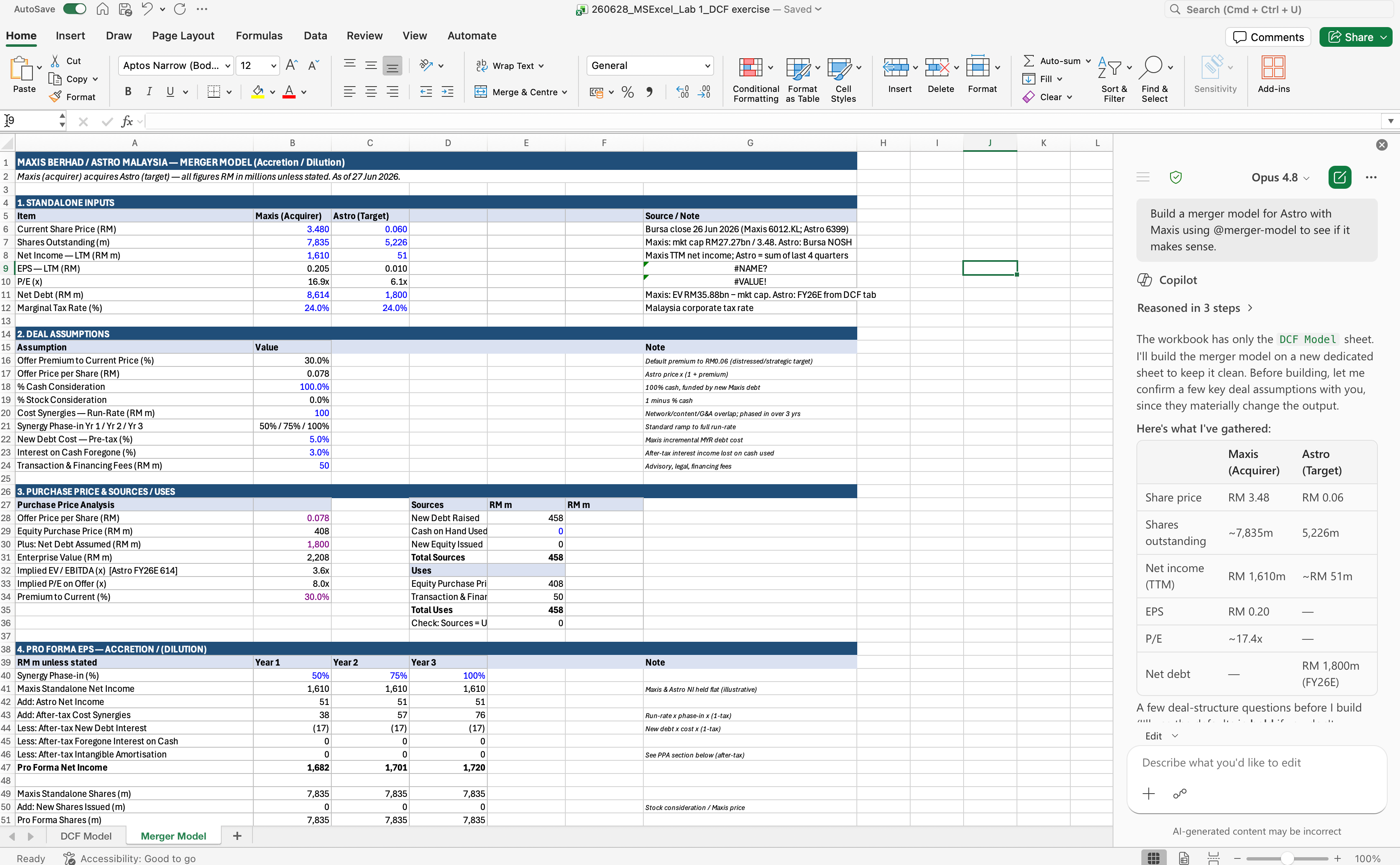 Microsoft 365 Copilot building a financial model in Excel