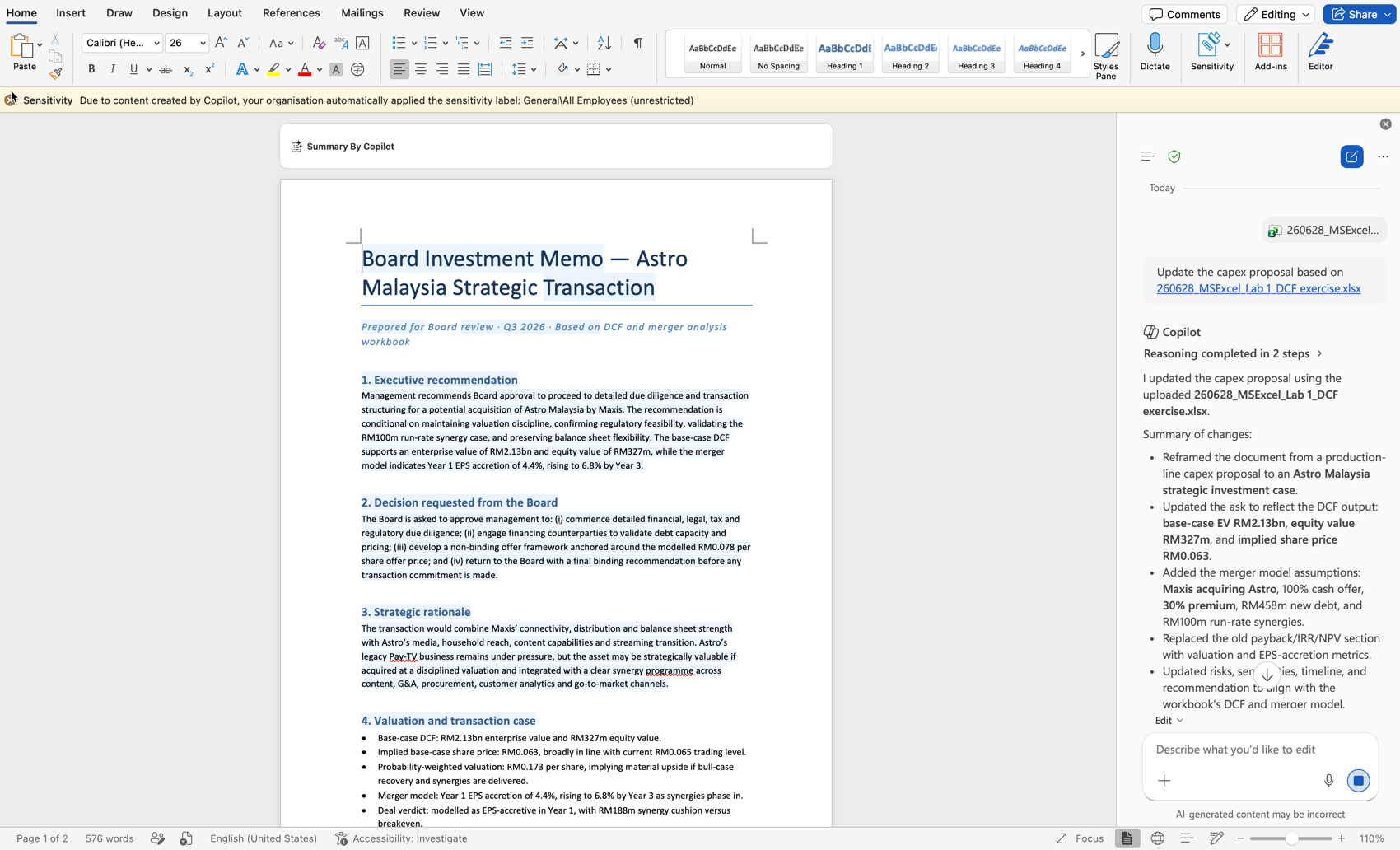 Microsoft Copilot inside Word drafting and rewriting a document