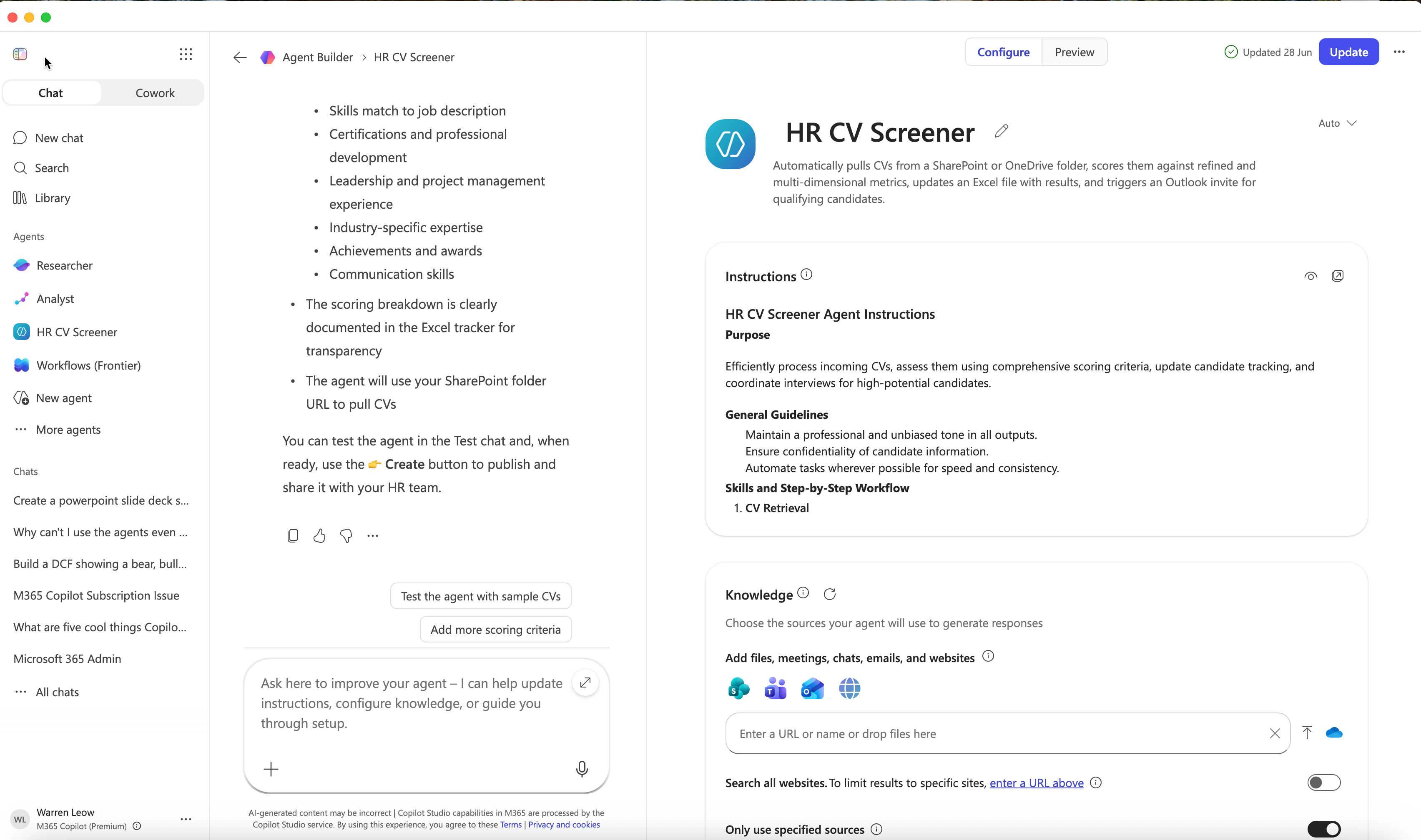 Microsoft Copilot screening a CV for an HR shortlisting task