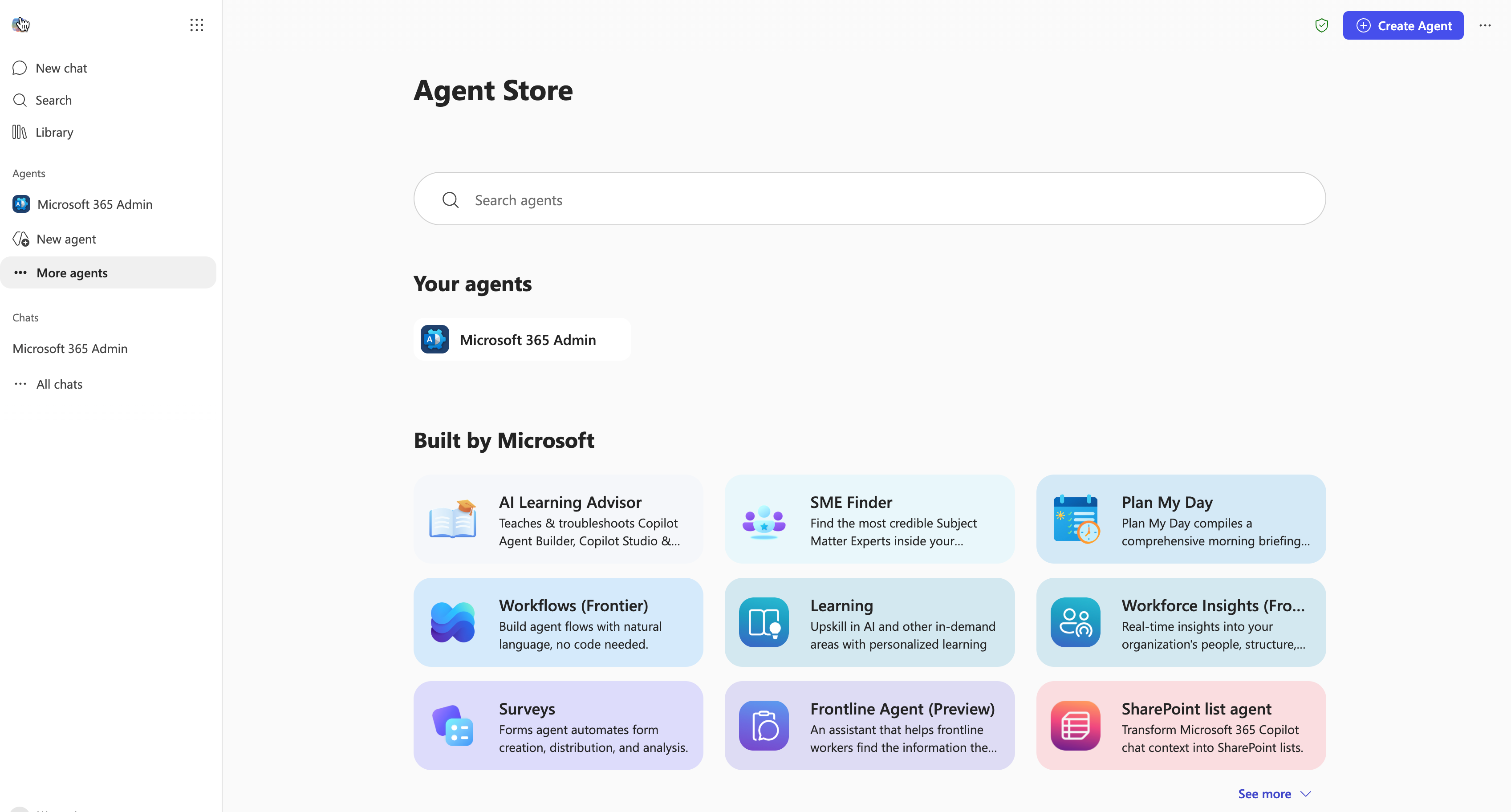 The Microsoft Copilot agent store showing available agents