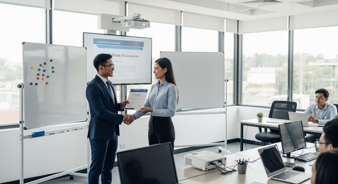Malaysian professional receiving AI training certificate from AITraining2U instructor