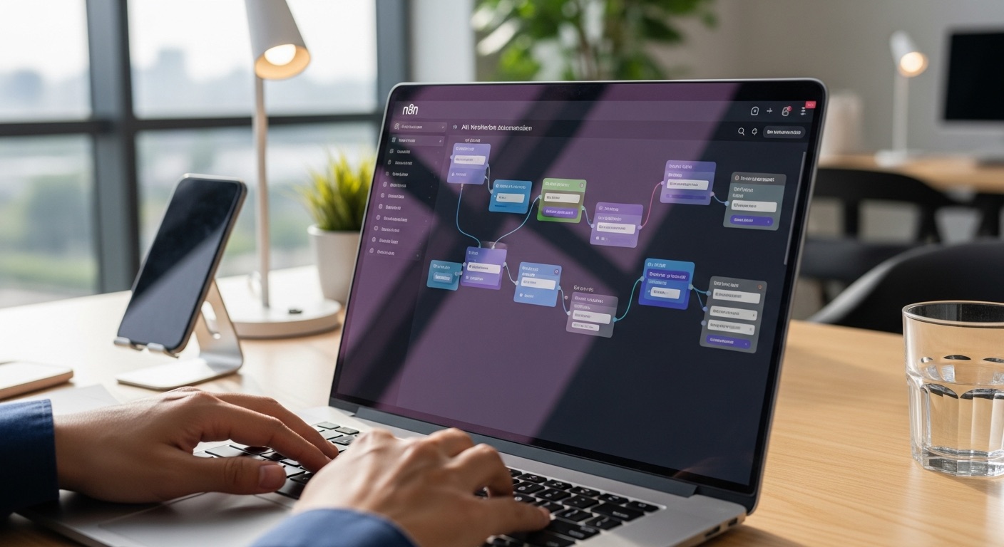 n8n workflow automation canvas showing AI-powered workflow nodes and integrations