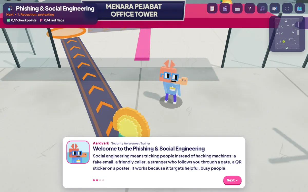 Phishing and social engineering lesson in the free Cybersecurity course: a 3D office tower with a guide character explaining pretexting