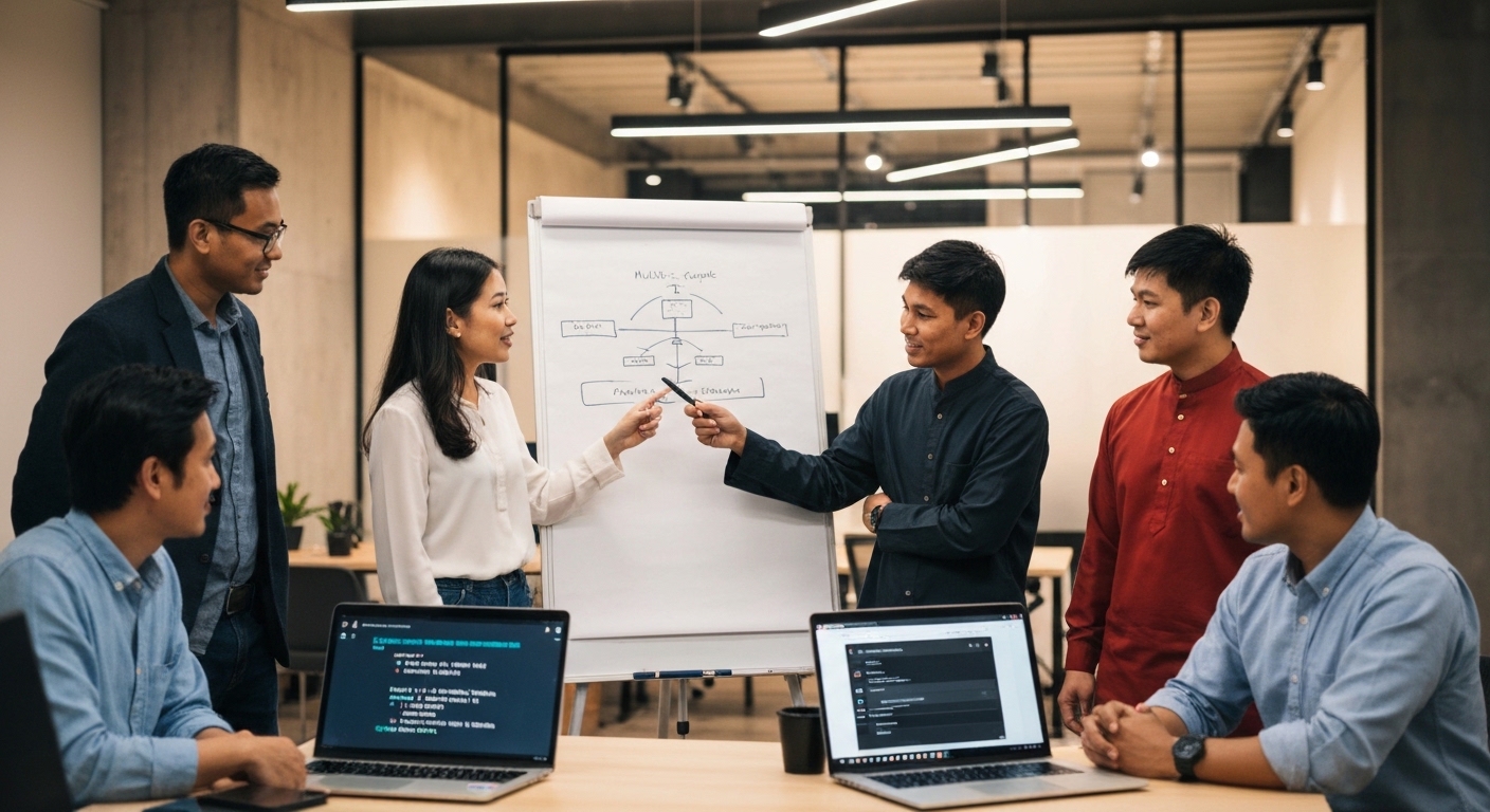 Multi-agent orchestration team working through architecture on a whiteboard