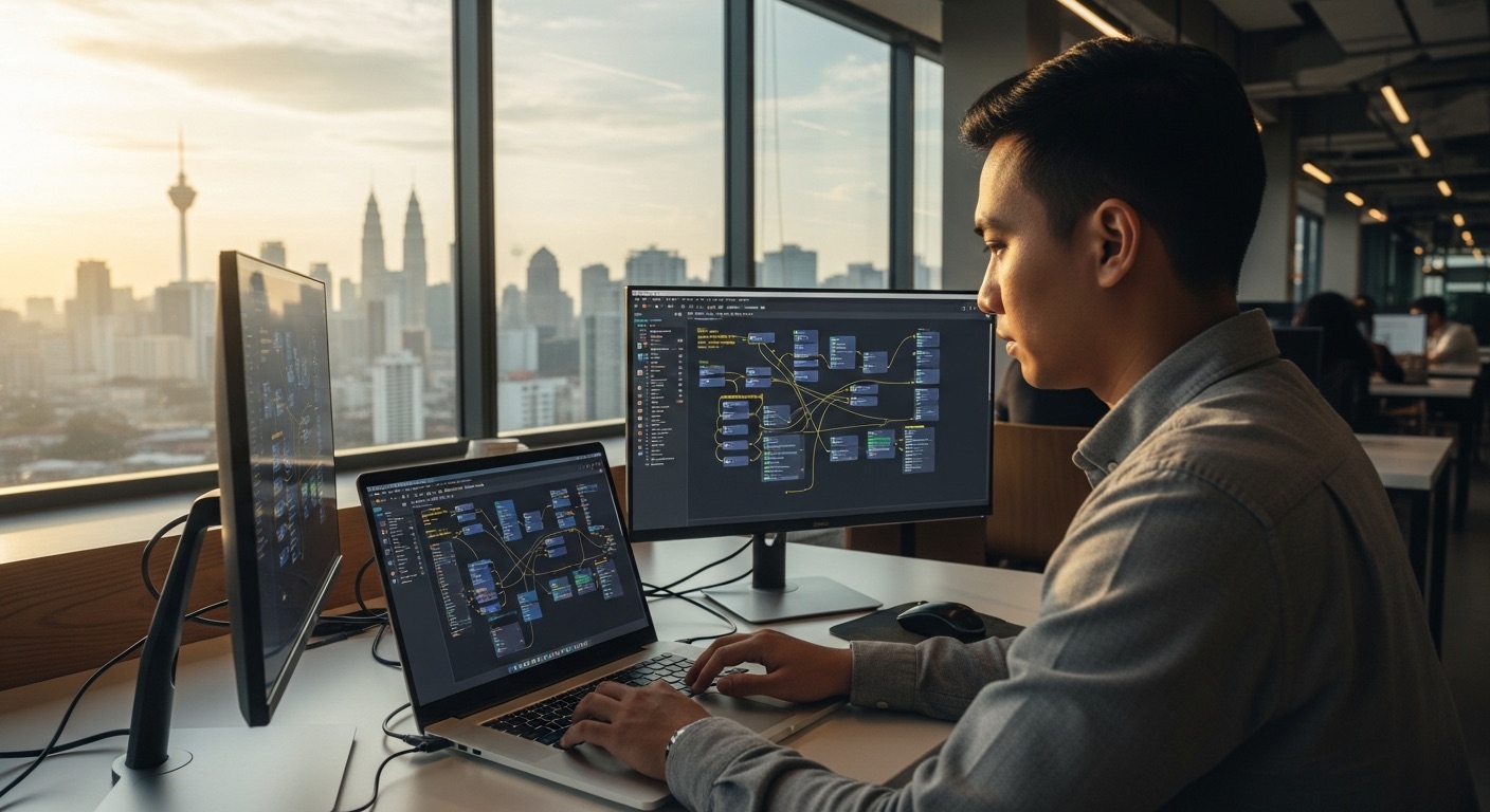 Malaysian tech professional deploying an AI automation workflow from Supern8n marketplace