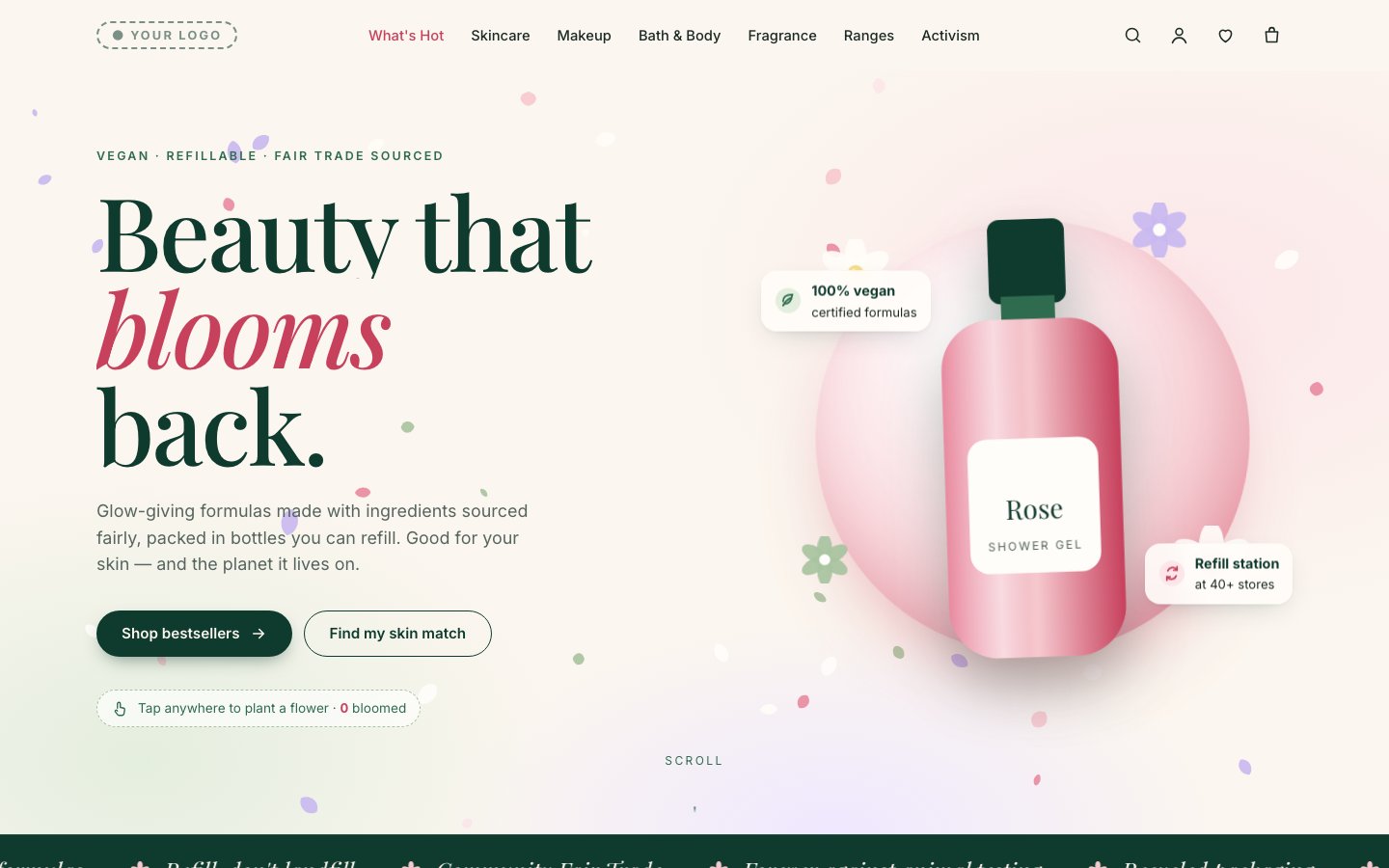 Sample AI-refreshed landing page for a beauty brand, with a botanical hero and product highlights