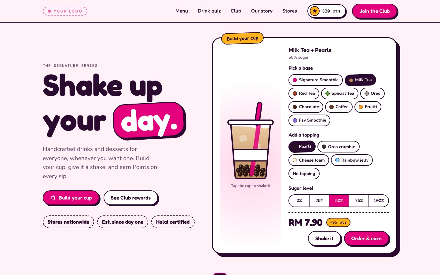 Sample AI-refreshed landing page for a bubble tea brand, with an interactive build-your-cup order panel